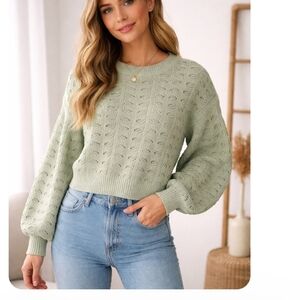 Poof Apparel Pointelle Knit Sweater  Slight Bell Sleeve Opening Sage Green Large